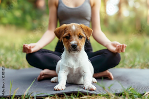 A woman practices yoga with her dog at home, both sitting calmly on a yoga mat, bathed in warm natural light.