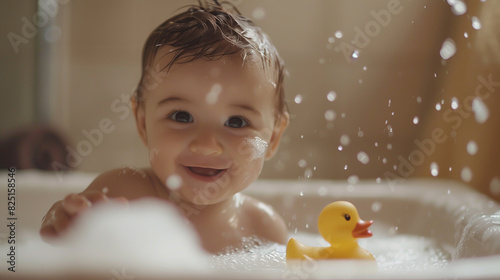 Infant bathes surrounded by soap bubbles, accompanied by a rubber duck toy.