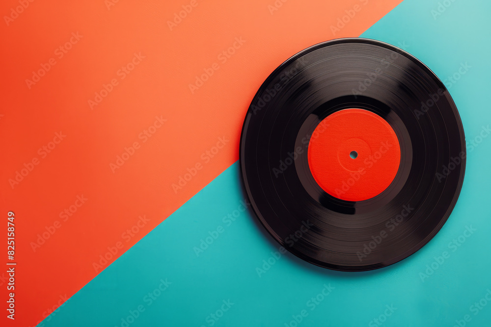 Classic vinyl record on bright blue and orange background. Music composition with retro vinyl disc Classic vinyl record on bright blue and orange background. Music composition with retro vinyl disc