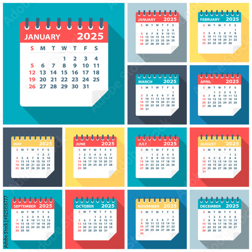 2025 Calendar Leaves Flat Set - Vector Illustration