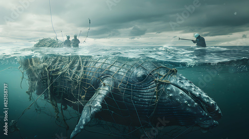 High res Image: Marine Biologists Rescuing Whale from Fishing Net   Human Efforts to Support Marine Life