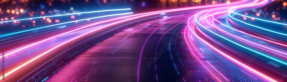 Technology in motion, neon light trails on a futuristic digital roadway, showcasing advanced network communication