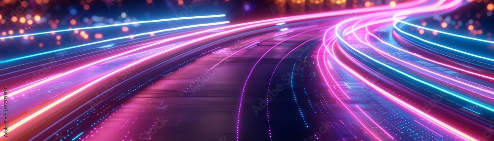 Technology in motion, neon light trails on a futuristic digital roadway, showcasing advanced network communication Technology in motion, neon light trails on a futuristic digital roadway, showcasing advanced network communication