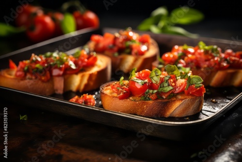 Delicious bruschetta on a metal tray against an aged metal background photo
