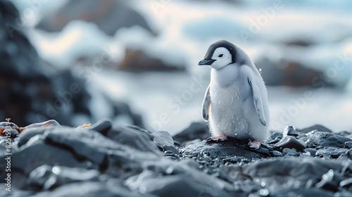 Impact of Climate Change: Photo Realistic Penguin Chick in Shrinking Habitat due to High Carbon Emissions High Resolution Image Illustrating the Harsh Reality of Global Warming o