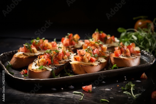 Delicious bruschetta on a metal tray against an aged metal background