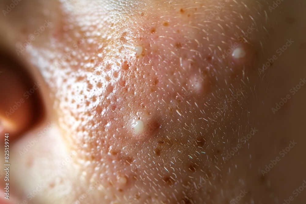 Fototapeta premium Detailed Close-Up of Whiteheads on Chin Area in High-Key Lighting.
