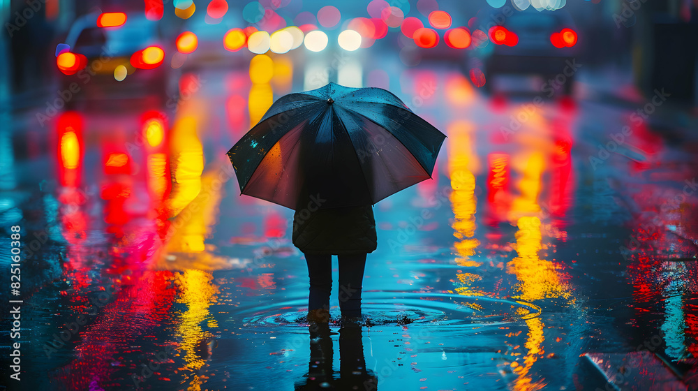 Person with Umbrella Crossing Wet Street During Rain   Urban Rainy Season Symbolism