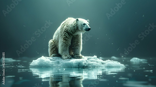 Melting Ice Crisis: High Res Image of Polar Bear on Small Ice Floe with High Carbon Emissions Impact on Arctic Wildlife © Gohgah