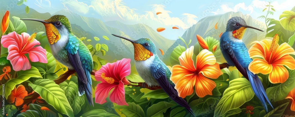 hummingbirds with flowers, digital art and illustration painting hummingbirds with flowers, digital art and illustration painting