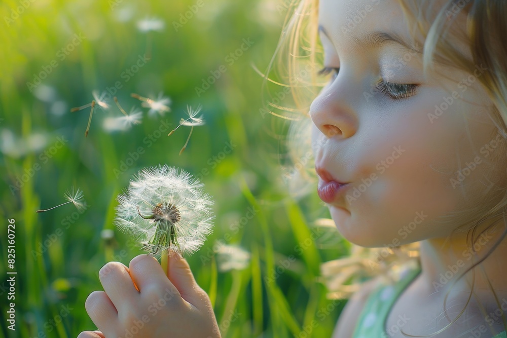 A Carefree Summer Day: A Child Blowing a Dandelion and Making Wishes in a Green Meadow A Carefree Summer Day: A Child Blowing a Dandelion and Making Wishes in a Green Meadow