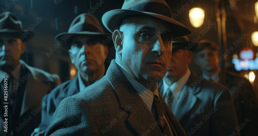 A group of gangsters are standing and looking at the camera on a night street. Mafia, family, group of criminals