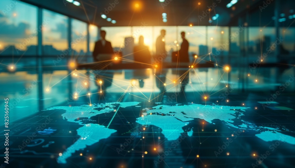 an interactive digital map on a glass table in an office, with blurred figures working behind it and global network connection icons around it an interactive digital map on a glass table in an office, with blurred figures working behind it and global network connection icons around it