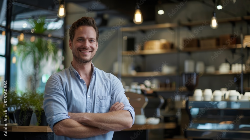 Portrait of young handsome smiling business guy wearing gray shirt and glasses, feeling confident with crossed arms, isolated on white background