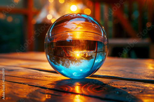 Glossy crystal ball reflecting a warm sunset over a playground