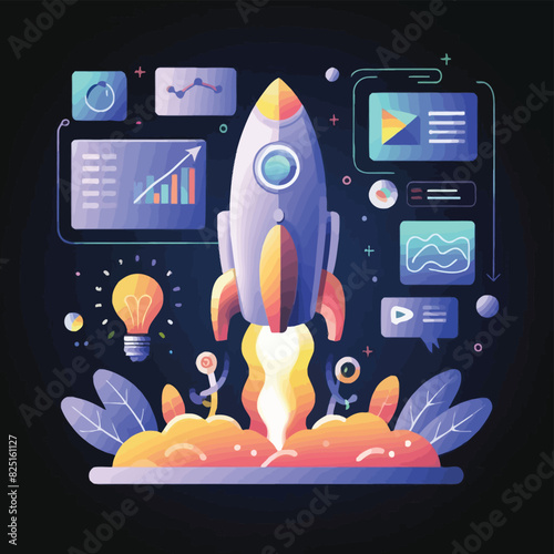2d vector illustration colorful social media boost , influence blogger E-marketer via Internet pages marketing referral
