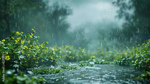 Misty Rainy Countryside Landscape: High Resolution Image Eliciting Calm and Tranquility.
