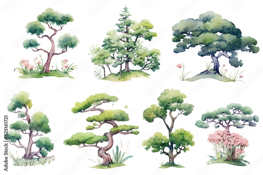 Obraz premium illustration watercolor tree collection set, grungy texture aquarelle on white background