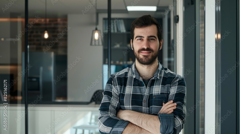Portrait of young handsome smiling business guy wearing gray shirt and glasses, feeling confident with crossed arms, isolated on white background Portrait of young handsome smiling business guy wearing gray shirt and glasses, feeling confident with crossed arms, isolated on white background
