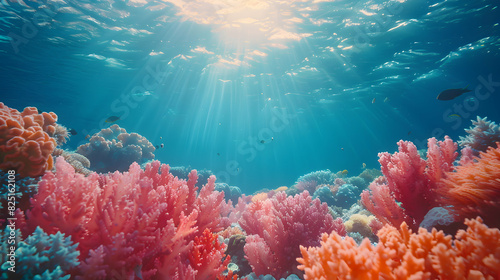 Photo realistic image of researchers studying coral reefs impacted by bleaching against glossy backdrop showcasing human efforts to support marine ecosystems affected by carbon pol photo