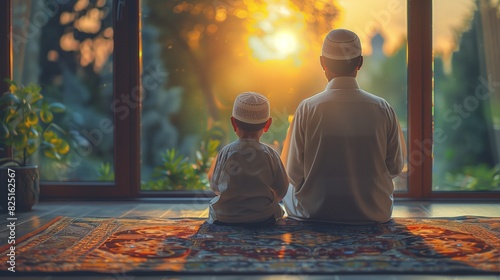 Muslim father and son praying over isolated white background photo