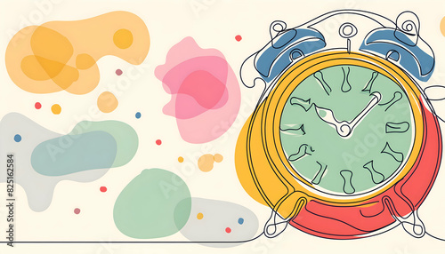 Colorful Clock time with continuous one line style on digital art concept. photo