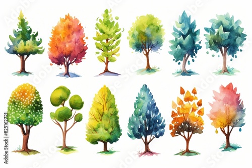 illustration watercolor colorful spring or autumn tree collection set, grungy texture aquarelle on white background © QuietWord