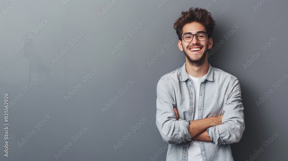 Portrait of young handsome smiling business guy wearing gray shirt and glasses, feeling confident with crossed arms, isolated on white background Portrait of young handsome smiling business guy wearing gray shirt and glasses, feeling confident with crossed arms, isolated on white background