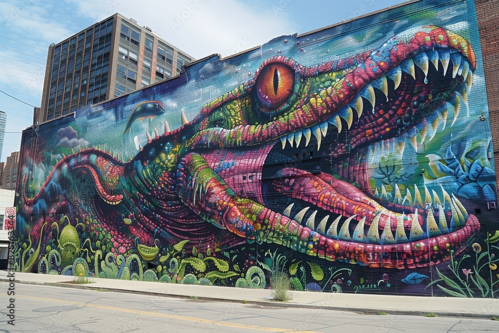 Fototapeta premium Vibrant Street Art Mural of Giant Carnivorous Plant Overtaking City, Symbolizing Rebellion and Eco-Awareness.