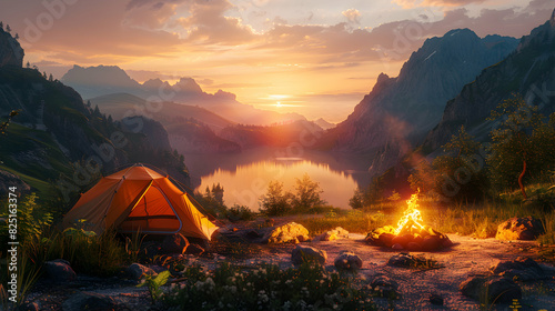 Sunset Campsite Adventure: High Resolution Image of Campsite with Tent and Campfire   Backpacking Journey Symbolized by Realistic Sunset in Photo Stock Concept photo