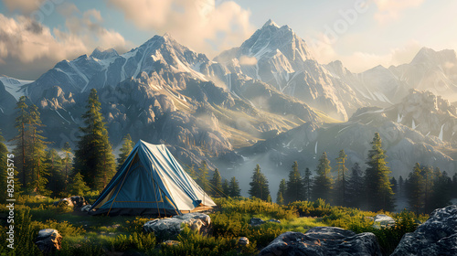 Serene Alpine Escape: High Resolution Image of Tent in Mountain Meadow, Perfect for Camping  Backpacking Concepts © Gohgah