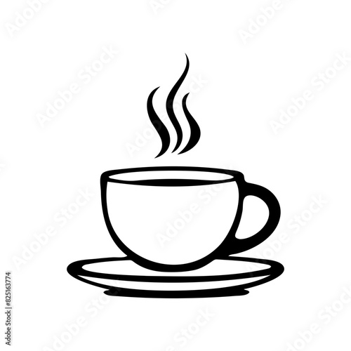 A black and white coffee cup with steam rising from it