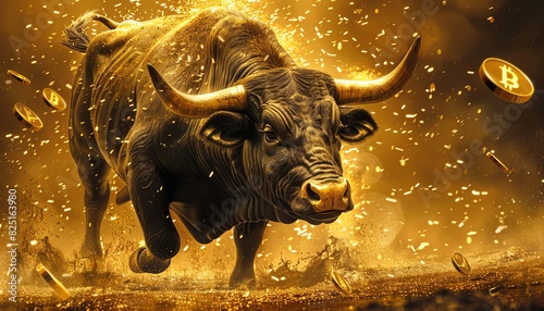 A strong and powerful bull charges forward, representing the strength and power of the stock market.