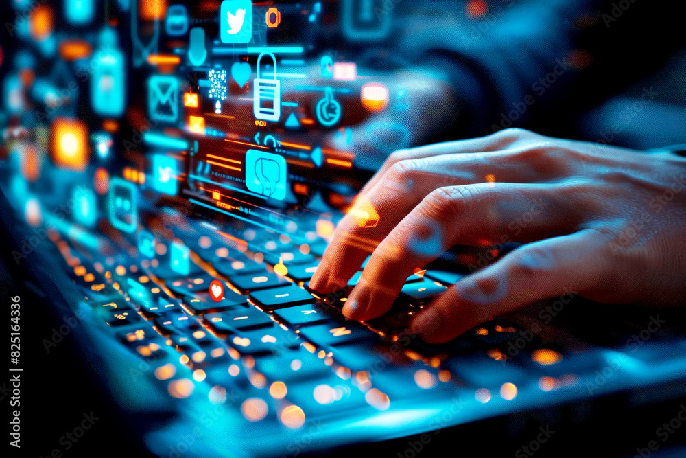 Colorful digital icons hovering over a keyboard Colorful digital icons hovering over a keyboard