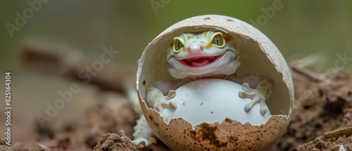 A cute baby gecko is sitting in its eggshell and smiling.