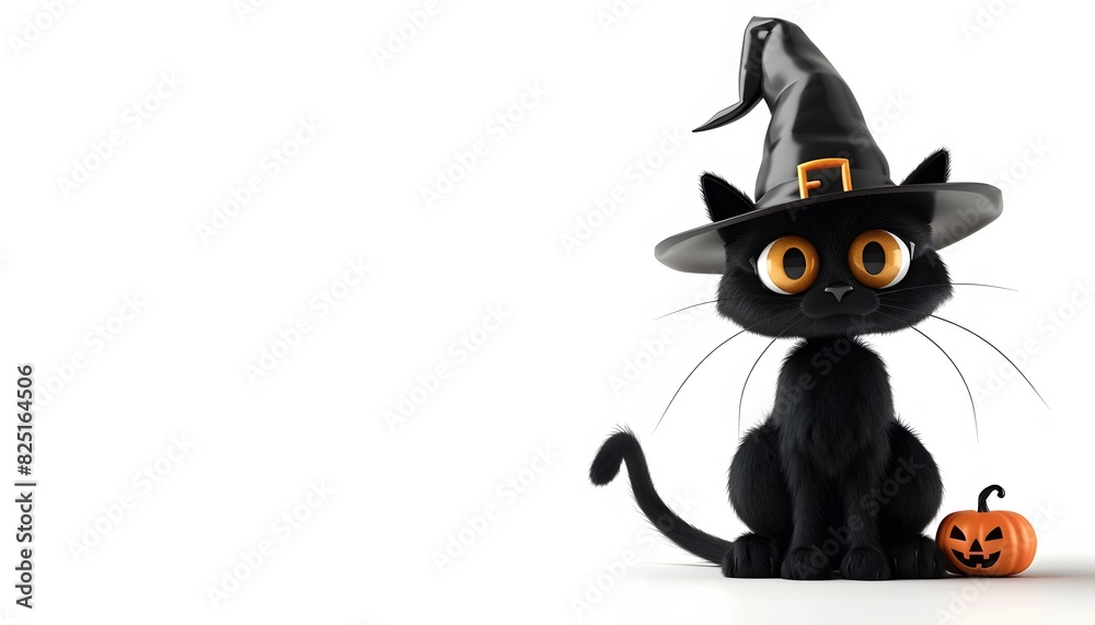 Halloween 3D cartoon black cat and hat full body horror on solid background