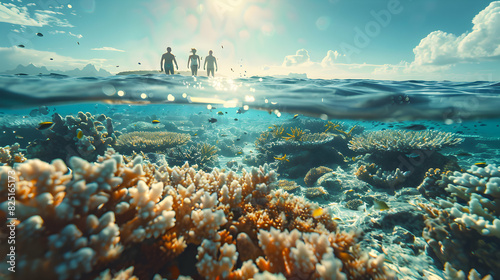Photo realistic Volunteers restoring coral reefs concept with high resolution image against glossy backdrop symbolizing marine ecosystem support impacted by carbon pollution photo