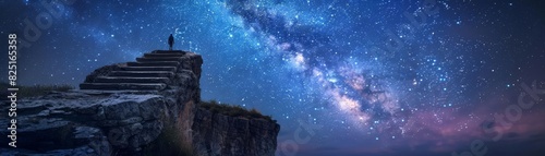 Surreal scene of a lone figure atop ancient stairs on a cliff, under a starlit sky, symbolizing quest and discovery photo
