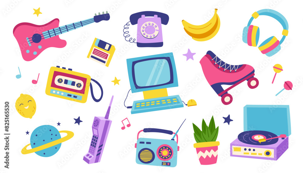 90s retro elements set. Concept of 90s. Stickers. Y2K, 2000s, 80s retro elements set. 90s retro elements set. Concept of 90s. Stickers. Y2K, 2000s, 80s retro elements set.