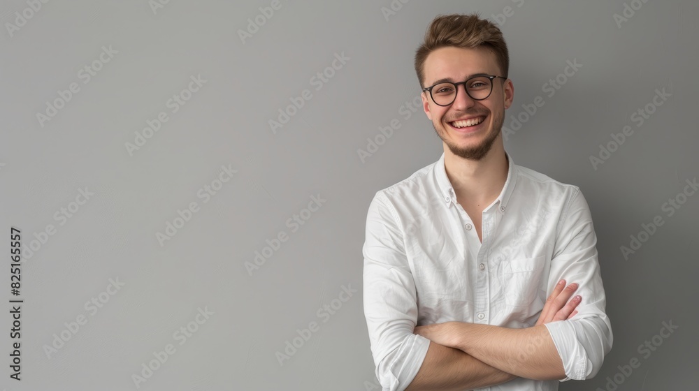 Portrait of young handsome smiling business guy wearing gray shirt and glasses, feeling confident with crossed arms, isolated on white background Portrait of young handsome smiling business guy wearing gray shirt and glasses, feeling confident with crossed arms, isolated on white background