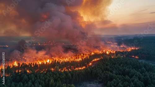 Intense Forest Fire Raging Under a Smoke-Filled Sky in a Wide-Angle View.