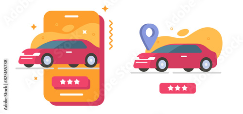 Car buy rent online, auto review rating vector flat cartoon illustration set, mobile internet cell phone service for selling or purchasing automobile vehicles online image clip art