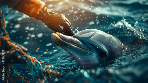 Photo realistic Wildlife rescuers freeing a dolphin concept   High resolution image of marine animal rescue from fishing net with glossy backdrop, symbolizing human efforts to supp photo