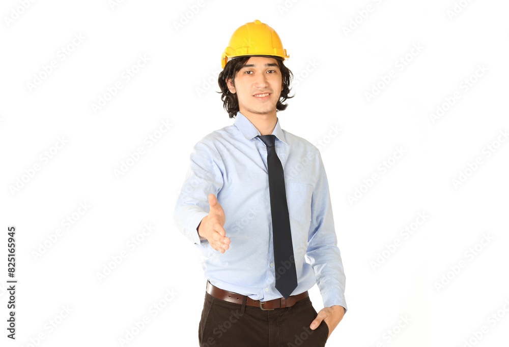 A young engineering shake hands to welcome a new employee or to demonstrate the success of the project A young engineering shake hands to welcome a new employee or to demonstrate the success of the project