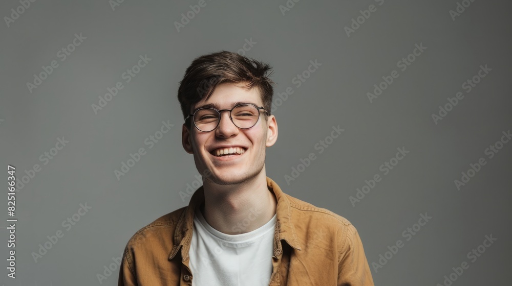 Obraz premium Portrait of young handsome smiling business guy wearing gray shirt and glasses, feeling confident with crossed arms, isolated on white background