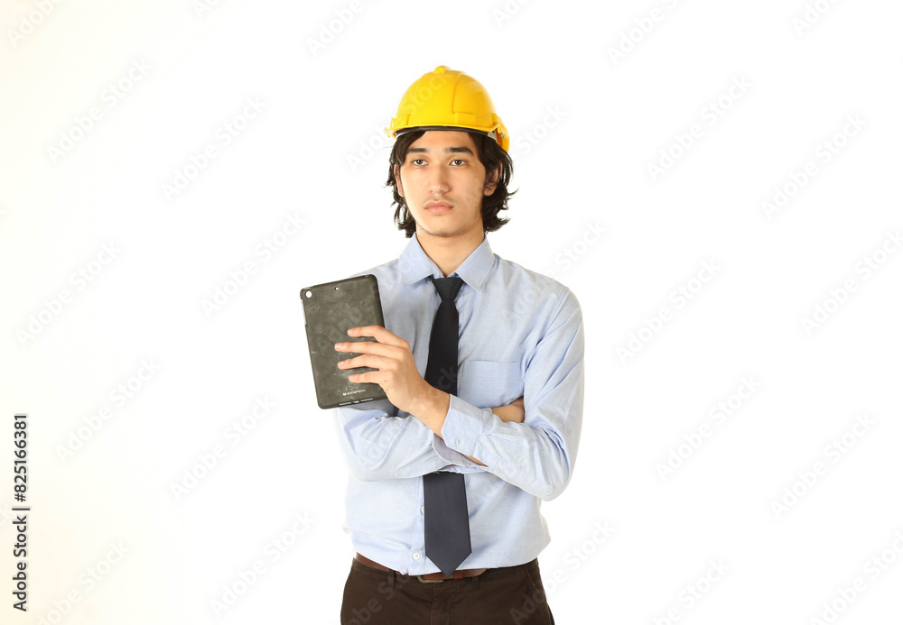 Portrait of young engineer wear helmet smiling and happy with tablet over white background Portrait of young engineer wear helmet smiling and happy with tablet over white background