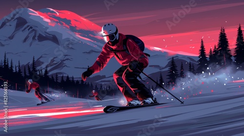 Playful illustration depicting the excitement of snowboard cross races at the Winter Olympics, with athletes racing down a twisting, obstacle-filled photo