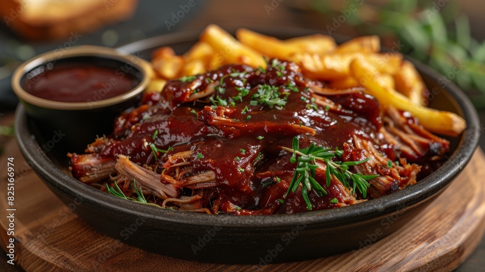 Showcase the smoky aroma and tender texture of a plate of barbecue pulled pork, featuring tender shredded pork in a