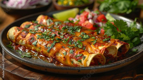 Highlight the vibrant colors and bold flavors of a plate of enchiladas, featuring warm tortillas filled with tender meat, creamy