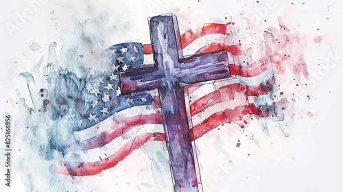 watercolor american flag draped cross for memorial day flat lay illustration
